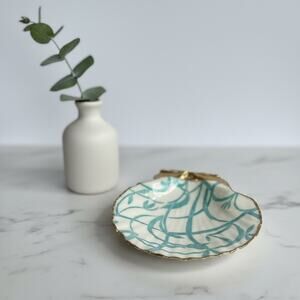 Blue Vine Shell Ring Dish, Handmade Scallop Trinket Dish, Coastal Boho Decor